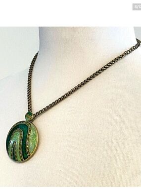 Y2K Green Art Deco Inspired Medallion Necklace With Bronze Chain Statement Jewel